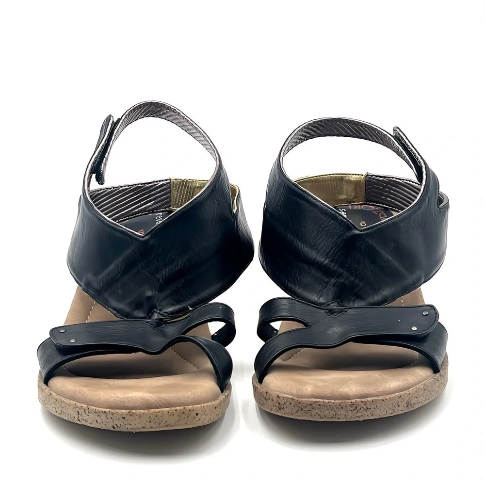 Modzori Palmyra Low Wedge Travel REVERSIBLE Sandal Black, Gold & Silver Size 9